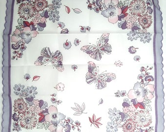 Ladies Handkerchief Butterflies & Flowers Blue Pink Purple Vintage Linen