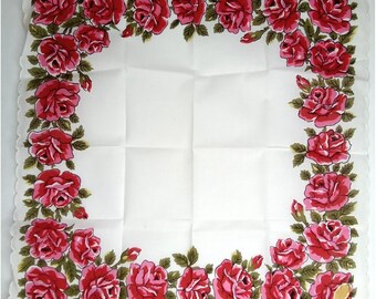 Ladies Handkerchief Flowers Roses Pink & White Vintage Linen