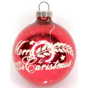 MCM Christmas Ornament Shiny Brite Red Glass Stenciled Merry Christmas 1950s