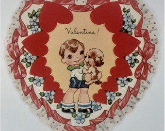 Tarjeta de San Valentín A-Meri-Card Boy & Puppy Me gustas más Saludo de la década de 1960