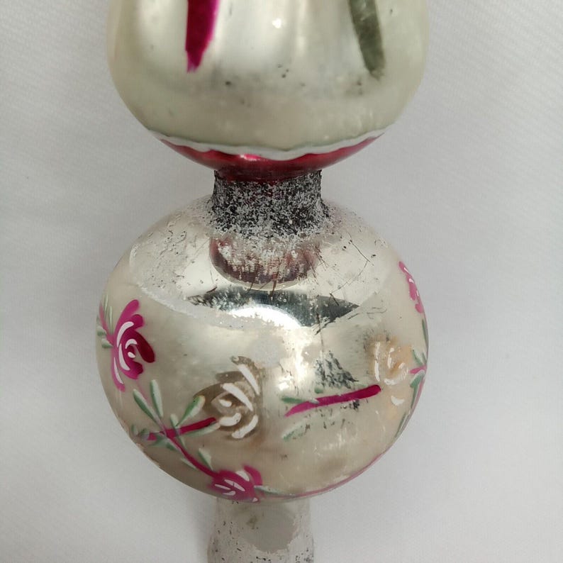 Christmas Tree Topper Hand Painted Floral Pink & Silver Glass Shiny