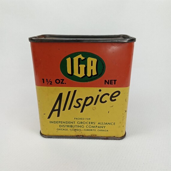 MCM Spice Tin IGA Allspice Independent Grocers Alliance Chicago IL 1950s  Kitsch