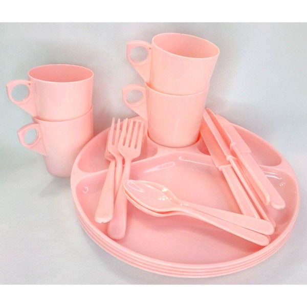 Gothamware Plastic Pink Plate Cup Fork Spoon Knife Set of 19 Vintage Picnicware