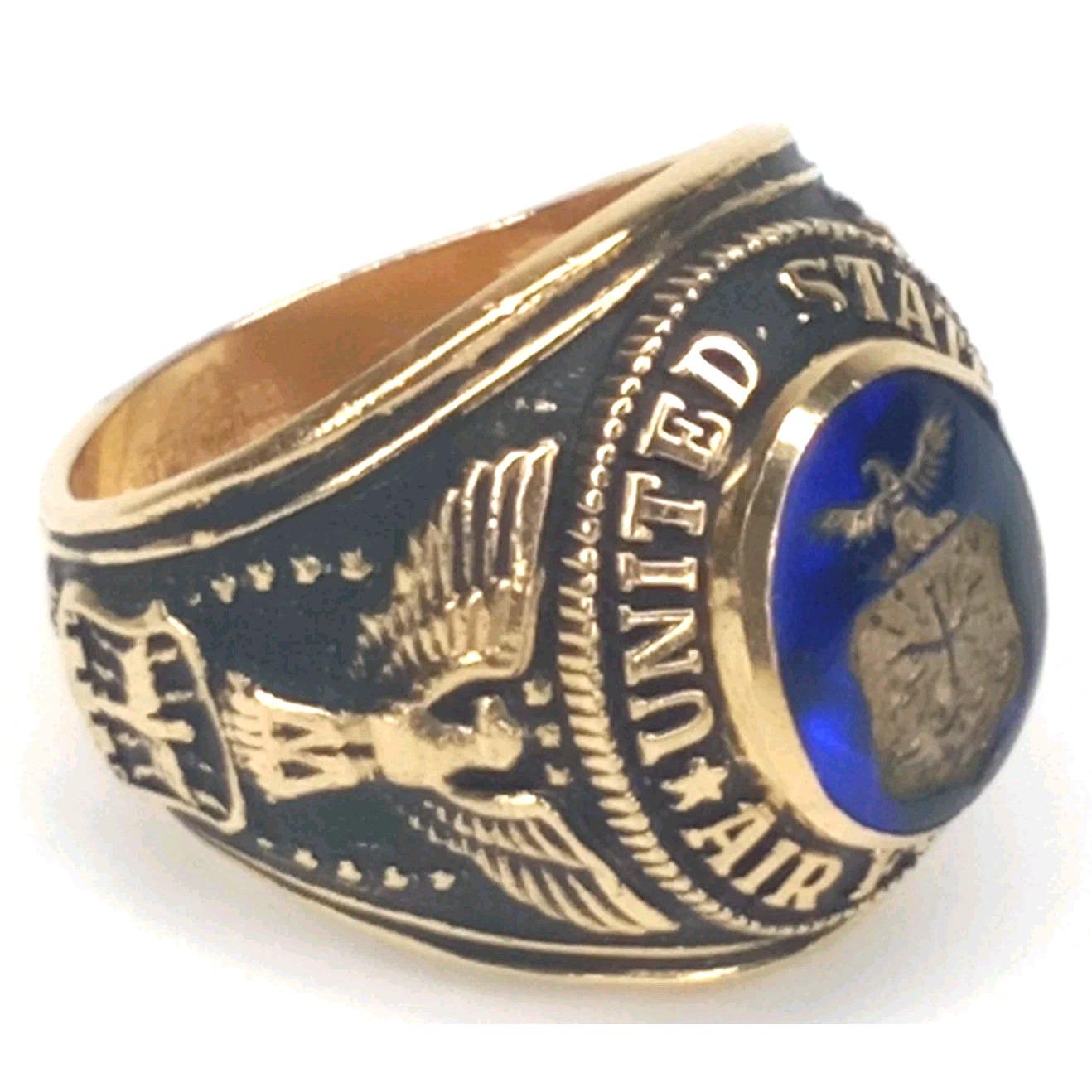 Vintage US Air Force Ring 18K Gold Electroplate Blue Faux Sapphire Size 9 1/2