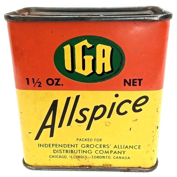 MCM Spice Tin IGA Allspice Independent Grocers Alliance Chicago IL 1950s  Kitsch
