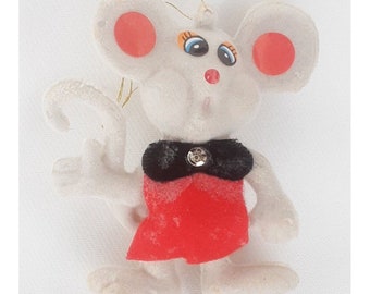 Christmas Ornament Mouse Flocked Plastic Mid Century Modern Holiday Decor Rare