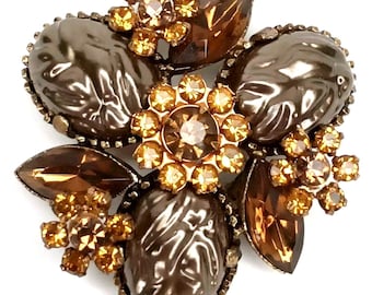 MCM Brooch Amber Rhinestones On Brown & Gold Tone Metal 1960s