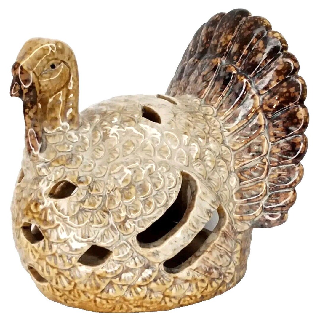 Thanksgiving Turkey Tea Light Candle Holder Ceramic 1990s Fall Holiday