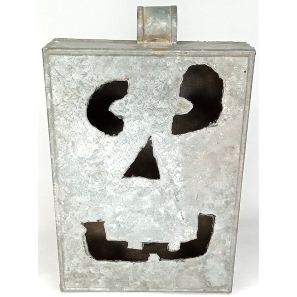 Halloween Jack O Lantern Galvanized Metal Primative Spooky Cute Decor 11 1/4"
