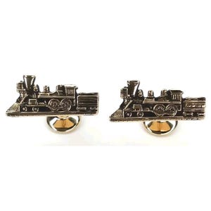 MCM Cufflinks Steam Train Locomotive With Gold Tone Setting 1950s Men&#39;s Jewelry