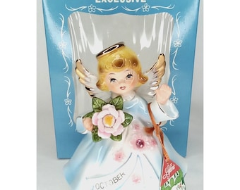 Lefton Musical Figurine & Box October Happy Birthday Dollhouse Vintage Japan 6"