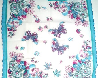 Ladies Handkerchief Butterflies & Flowers Blue Pink Purple Vintage Linen