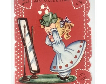 Tarjeta de San Valentín A-Meri-Card Chica en el espejo La única que puedo ver Saludo de la década de 1960