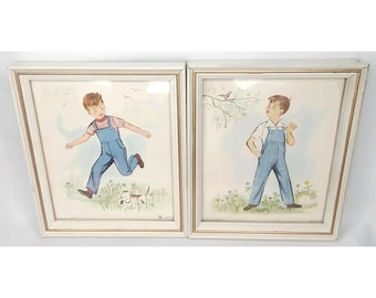 Donald Art Company Framed Print Boy In Overalls Set Of 2 Vintage 1950s Signed