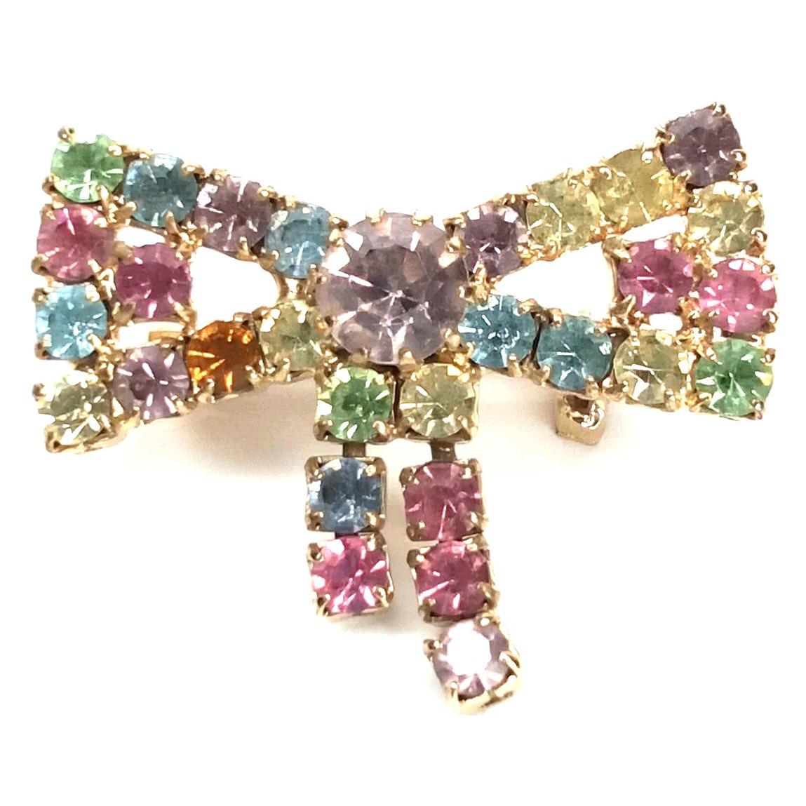 MCM Brooch Bow Multicolor Rhinestones Gold Tone Metal 1960s Jewelry