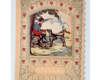 Valentine Card Embossed Girl Sending Her Dog With A Valentine 1920s Greeting