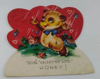 Valentine Card Bear Cub In The Rain Did Like To Shower You 1940s Greeting