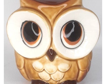Norcrest Owl Bank Keramisch Vintage Spaarvarken Bruin Grote Ogen Owlet jaren 1960
