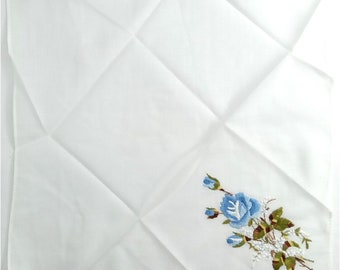 Ladies Handkerchief Flowers Embroidered Rose Blue & White Vintage Linen