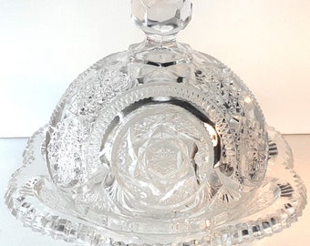 Jefferson Glass Butter Dish Azmoor Clear Round Covered 1910s Serveware