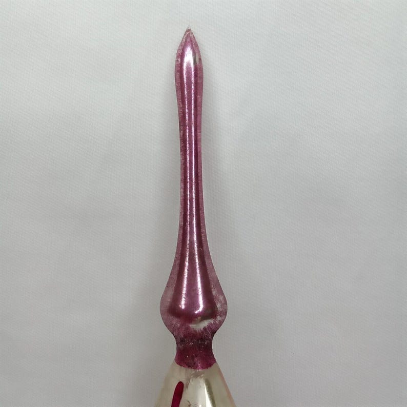 Christmas Tree Topper Hand Painted Floral Pink & Silver Glass Shiny