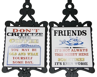 Pair Of Vintage Cast Iron Ceramic Tile Trivets Love Kitchen Closed 1970s