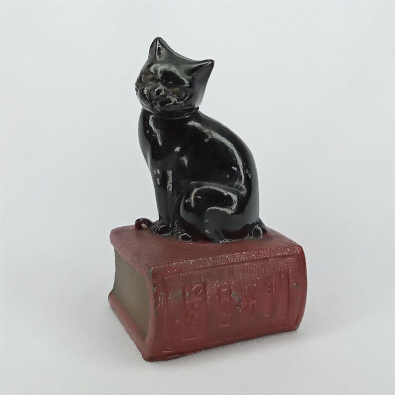 Halloween Black Cat on A Book Cast Iron Figurine 1930s Holiday Decor