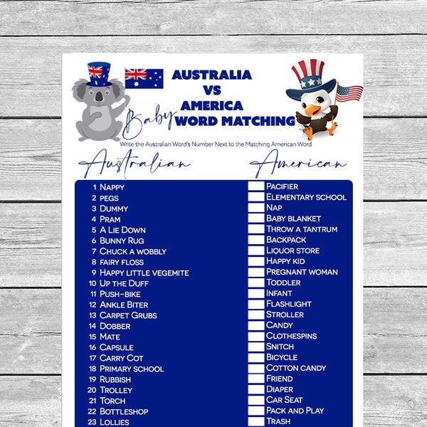 USA vs. Australia baby shower, how to say it baby words, baby shower game Ready to Print Non Editable