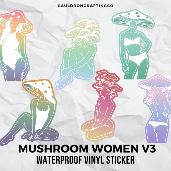 Sexy Mushroom Woman Label Vinyl Waterproof Rainbow Sultry Stickers Handmade Colorful Whimsical Hot Fairy Decal Perfect Water Bottle Laptop