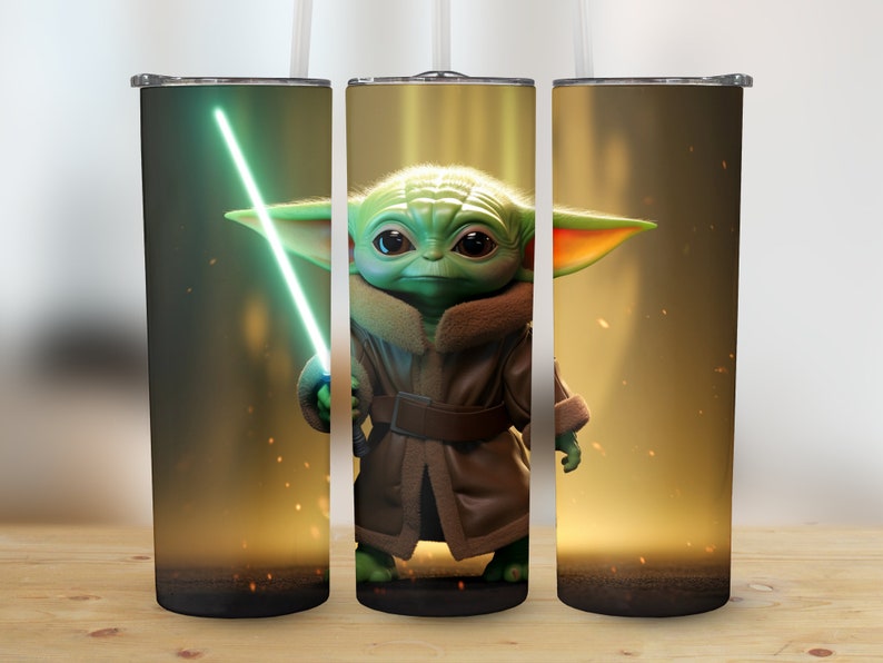 Baby Yoda Tumbler Wrap 20oz Skinny Sublimation Design Star Wars PNG Baby Yoda Gift Lightsaber image 1