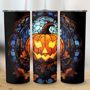 Stained Glass Pumpkin Halloween Tumbler Wrap 20oz Skinny Sublimation PNG Instant Digital Download