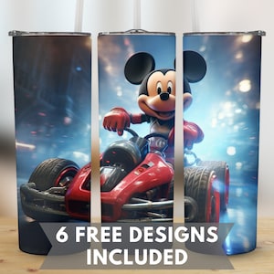 May include: Three stainless steel tumblers with a design featuring Mickey Mouse driving a red race car on a blue and white background. The text "6 FREE DESIGNS INCLUDED" is printed on the bottom of the image.