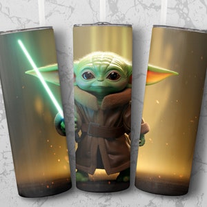 Baby Yoda Tumbler Wrap 20oz Skinny Sublimation Design Star Wars PNG Baby Yoda Gift Lightsaber image 2