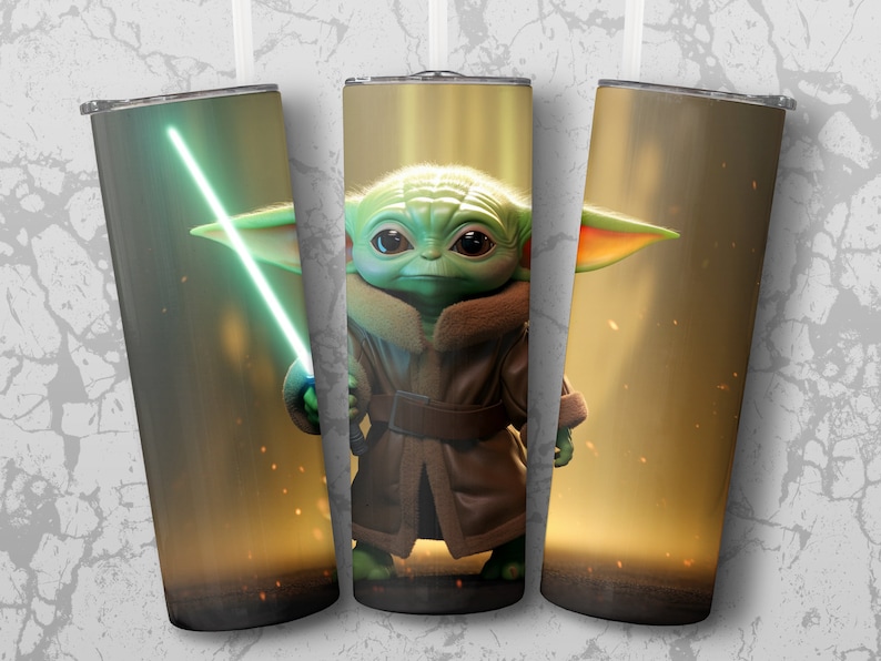 Baby Yoda Tumbler Wrap 20oz Skinny Sublimation Design Star Wars PNG Baby Yoda Gift Lightsaber image 2