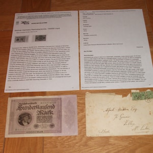 Weimar Germany Reichsbanknote, 100000 mark, 1923, front portrait Georg Gisze, note olded vertically & horizontally, in original UK envelope