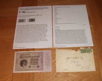 Weimar Alemania Reichsbanknote, 100000 marcos, 1923, retrato frontal Georg Gisze, nota antigua vertical y horizontalmente, en sobre original del Reino Unido