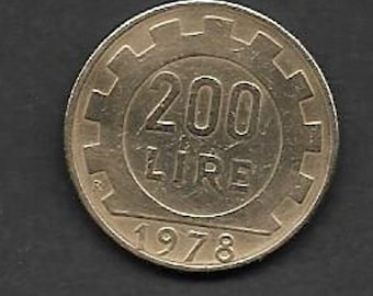 Moneda circulada de 200 liras, 1978, Italia, composición de aluminio-bronce, con firma.