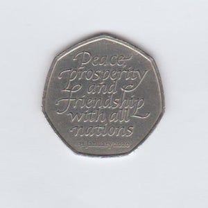 QE11流通Brexit 50ペンス硬貨、2020年、平和、繁栄、友情、すべての国々と共に、2020年1月31日