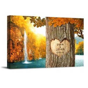 Cascada en el bosque profundo Árbol tallado Foto personalizada / lienzo Impresión y arte enmarcado, incluye nombres y la fecha regalo único de aniversario.