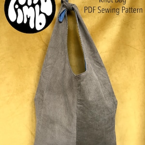 May include: A gray corduroy knot bag with a blue fabric strap. The bag is hanging on a yellow background. The text "Knot Bag PDF Sewing Pattern" is written in black above the bag. The text "#inlimboknotbag" is written in black below the bag. The text "Copyright ©2025 Alex Ciarniello. All rights reserved." is written in black below the bag.