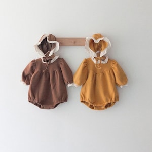 Baby Girl Fleece Romper with Bonnet: Collared Winter Bodysuit