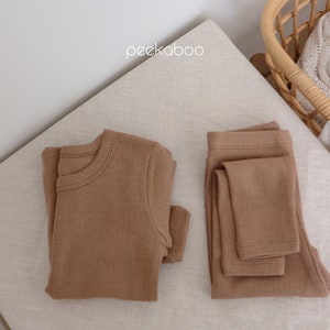 Kids Toddlers Boys Girls Neutral Solid Color Eyelet Long sleeves & Pants Set Soft Warm snug Fit Gift Fall Winter Cotton Birthday Christmas Camel