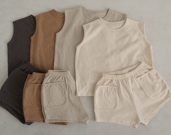 Kids Two Piece Natural Color Sleeveless Shirt Shorts Set, Kids Summer Clothe Set, Kids Cotton Top and Bottom Set