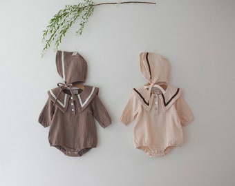 Neutral Color Baby Toddler Girl Bodysuit with Hat | Cotton Bodysuit with Hat