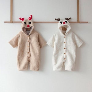 Baby Rudolph Fleece Hooded Romper: Christmas Holiday Outfit