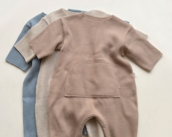 Waffle Knit Baby Romper with Pockets: Unisex Snug Fit