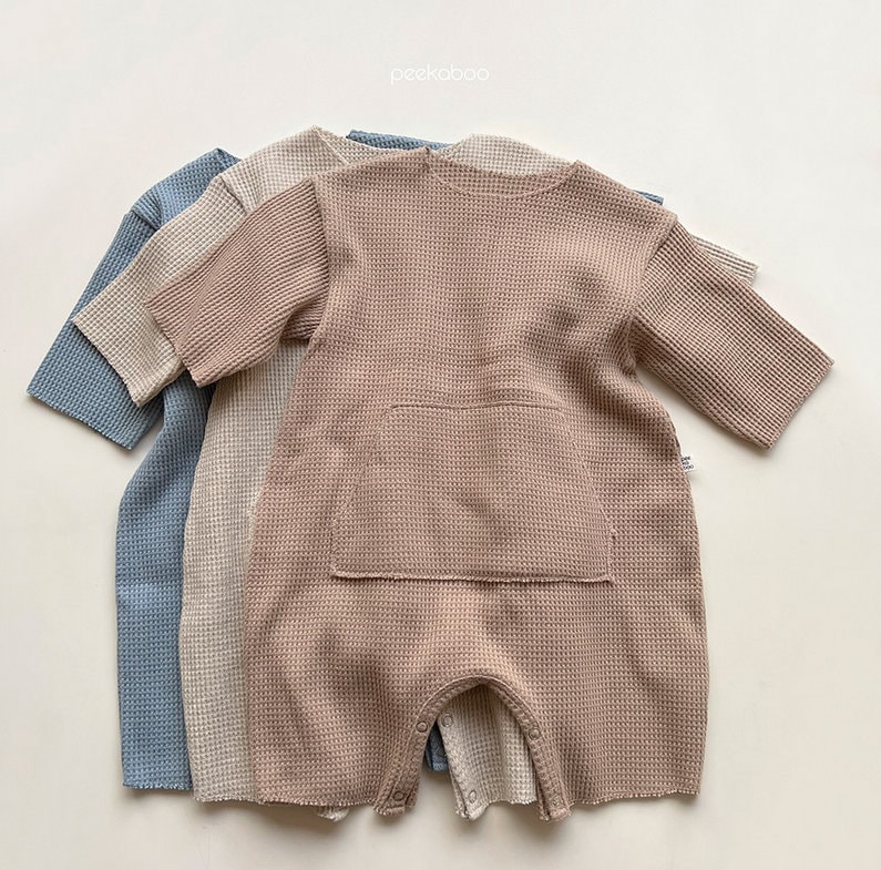 Baby Waffle Knit Romper W/ Pockets Snap Closure Solid Color Etsy
