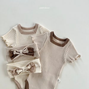 Baby Ribbed Cotton Short Sleeves Bodysuit with Bow Headband | Baby Summer Spring Bodysuit Neutral Color | Soft High Quality Baby Bodysuit