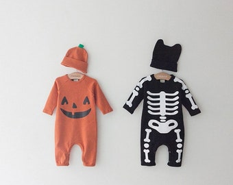 Baby Halloween Costume Romper: Pumpkin or Skeleton Outfit with Hat
