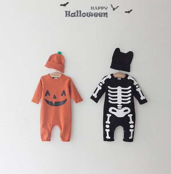 Baby Halloween Costume Romper: Pumpkin or Skeleton Outfit with Hat
